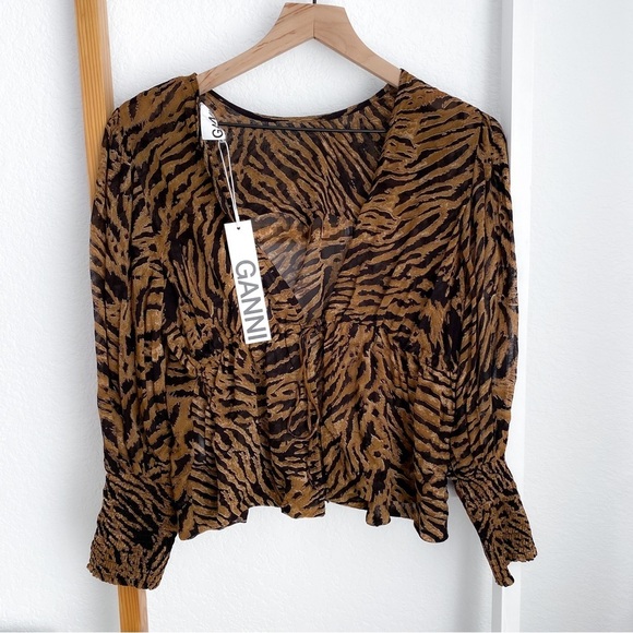 Gianni Tiger Print Bishop Sleeve Top Tie Back Animal Print Brown Orange NEW - Picture 5 of 16